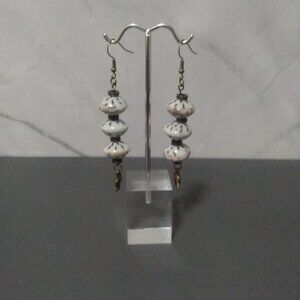 Brown & Ivory Spotted Bead Drop Earrings w/ Brass Elephant Charm Boho Tribal